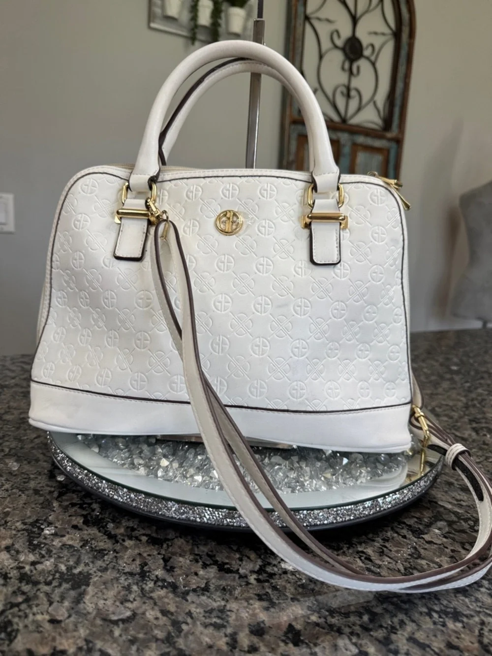 Giani Bernini White Embossed Dome Satchel with Gold Hardware